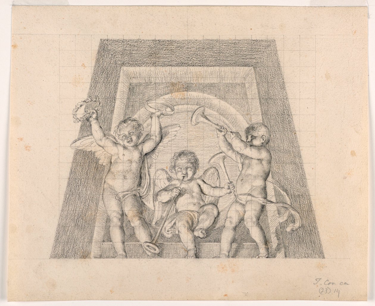 Tři Putti s trubkami, Design pro Lunetu ze Sala delle Muse, Museo Pio-Clementino, Vatikán od Tommaso Maria Conca