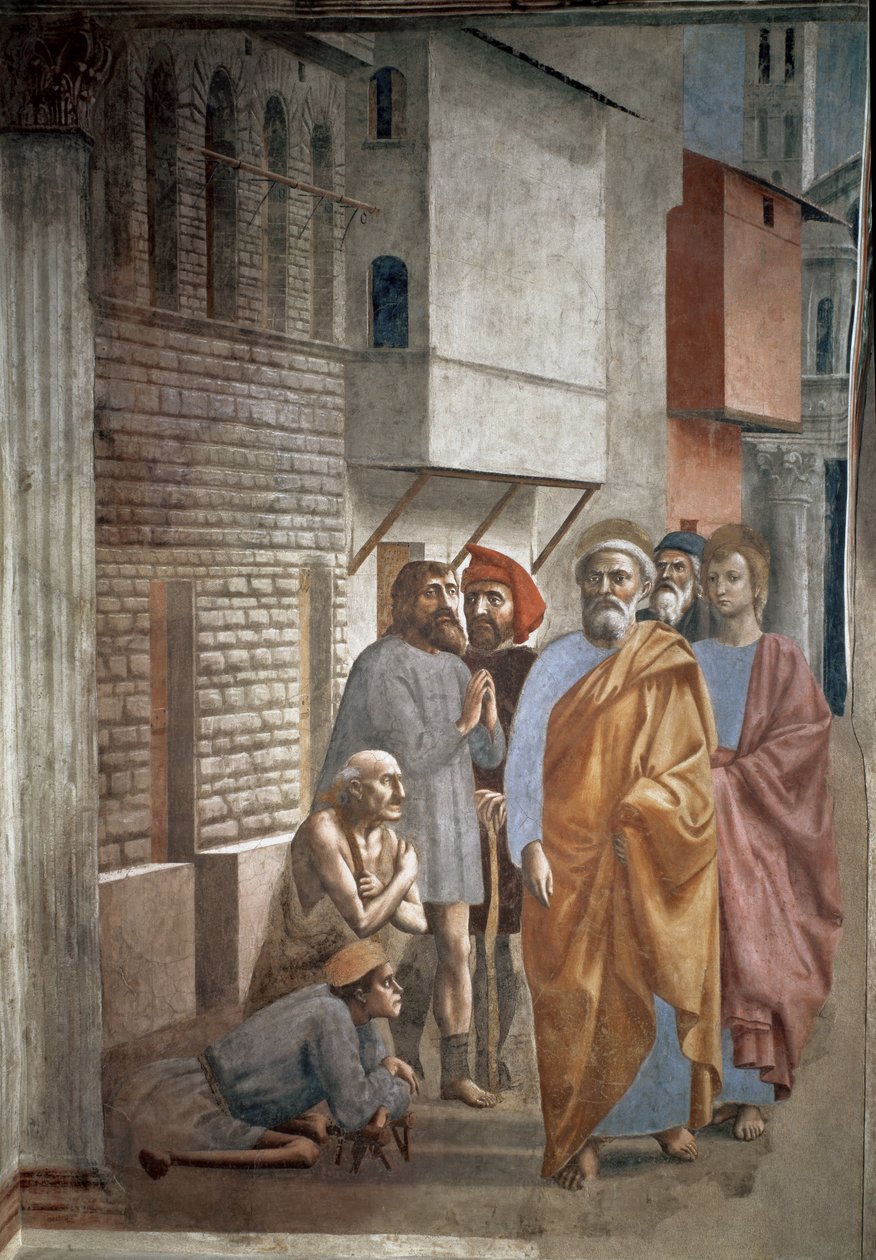 Svatý Petr uzdravuje nemocné svým stínem - Stín svatého Petra guerit des malades - Freska od Tommasa di ser Giovanni di Mone Cassai dit Masaccio (1401-1428), 229,8x161,9 cm od Tommaso Masaccio