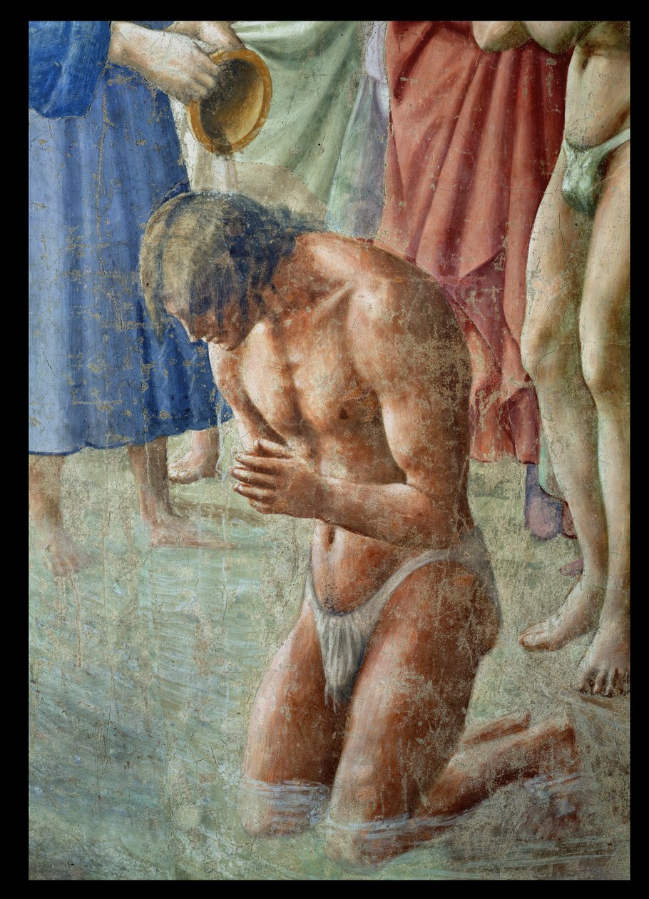 Svatý Petr křtí neofyty, detail neofyta, freska kolem 1427 viz také 63311 od Tommaso Masaccio