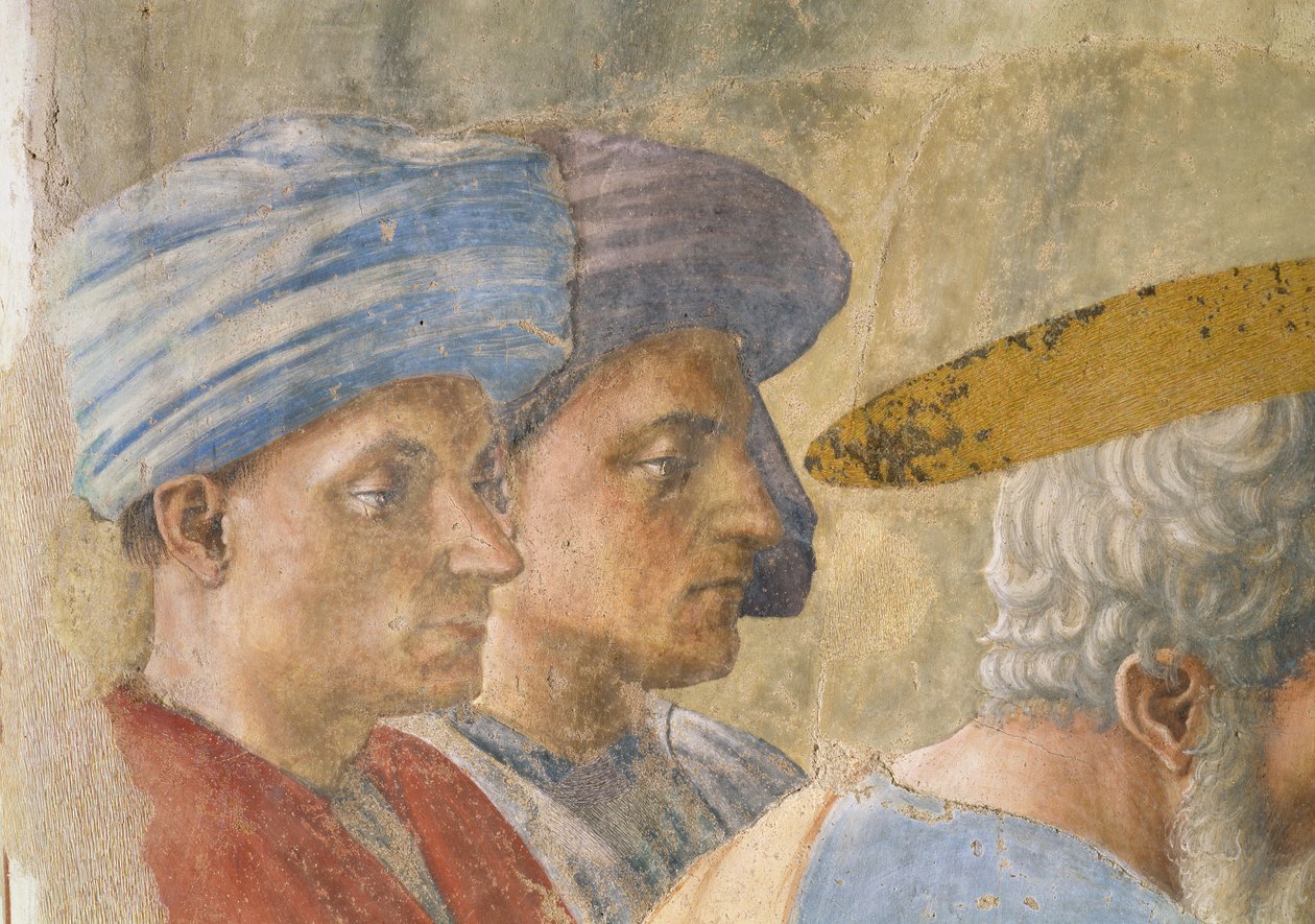 St. Peter Baptising the Neophytes: detail dvou pozorovatelů v turbanu, freska kolem roku 1427 od Tommaso Masaccio
