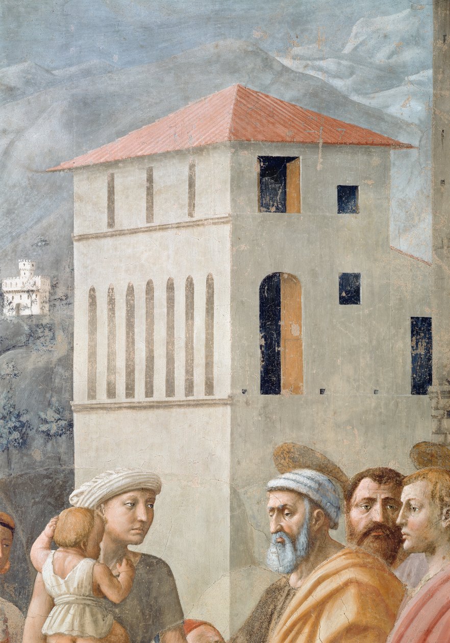Svatý Petr rozdává společné statky církve a Ananiášova smrt, Detail architektury pozadí, freska kolem roku 1427 viz také 57194, 63321 & 63322 od Tommaso Masaccio