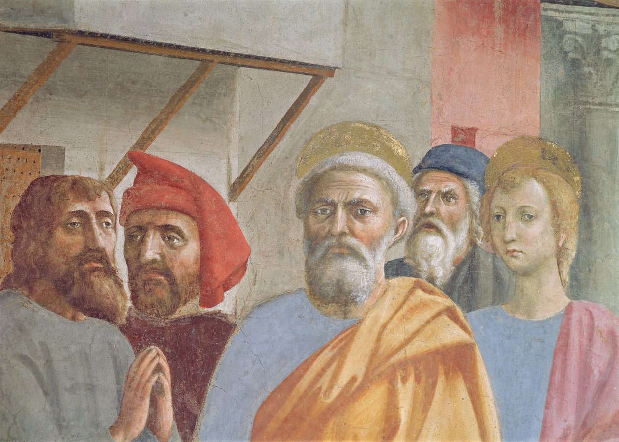 Svatý Petr se uzdravuje svým stínem: detail sv. Petra, freska kolem roku 1427 od Tommaso Masaccio