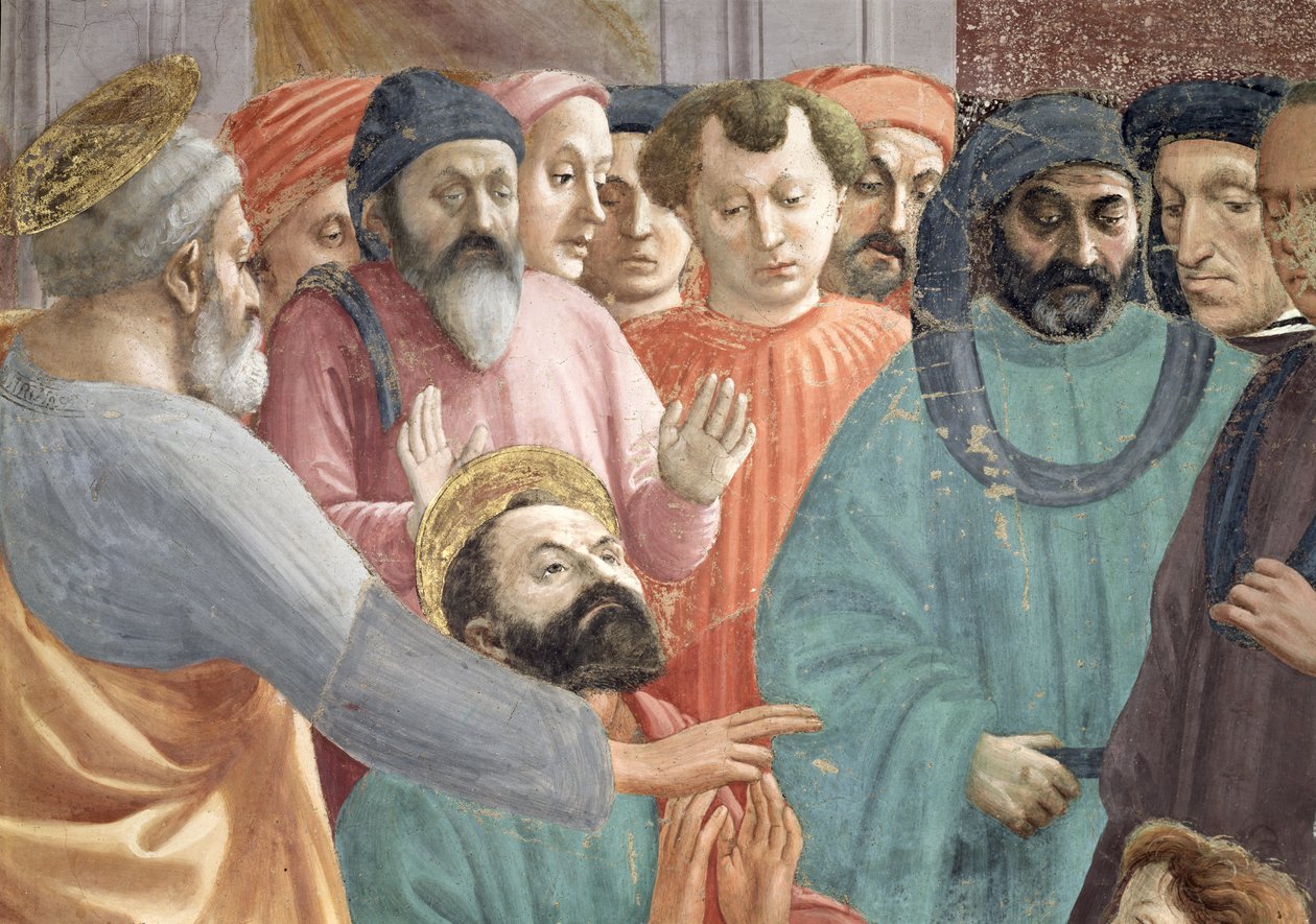 Vzkříšení syna Theophila, krále Antiochie Detail SS. Petra a Pavla a tváře v davu, freska c.1427 viz též 63302 od Tommaso Masaccio