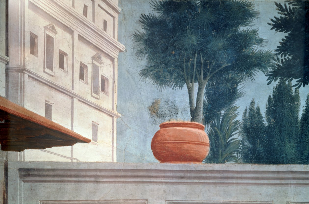 Vzkříšení syna Theophila, krále Antiochie Detail pohledu přes zeď nádvoří, freska kolem roku 1427 viz také 63302 od Tommaso Masaccio
