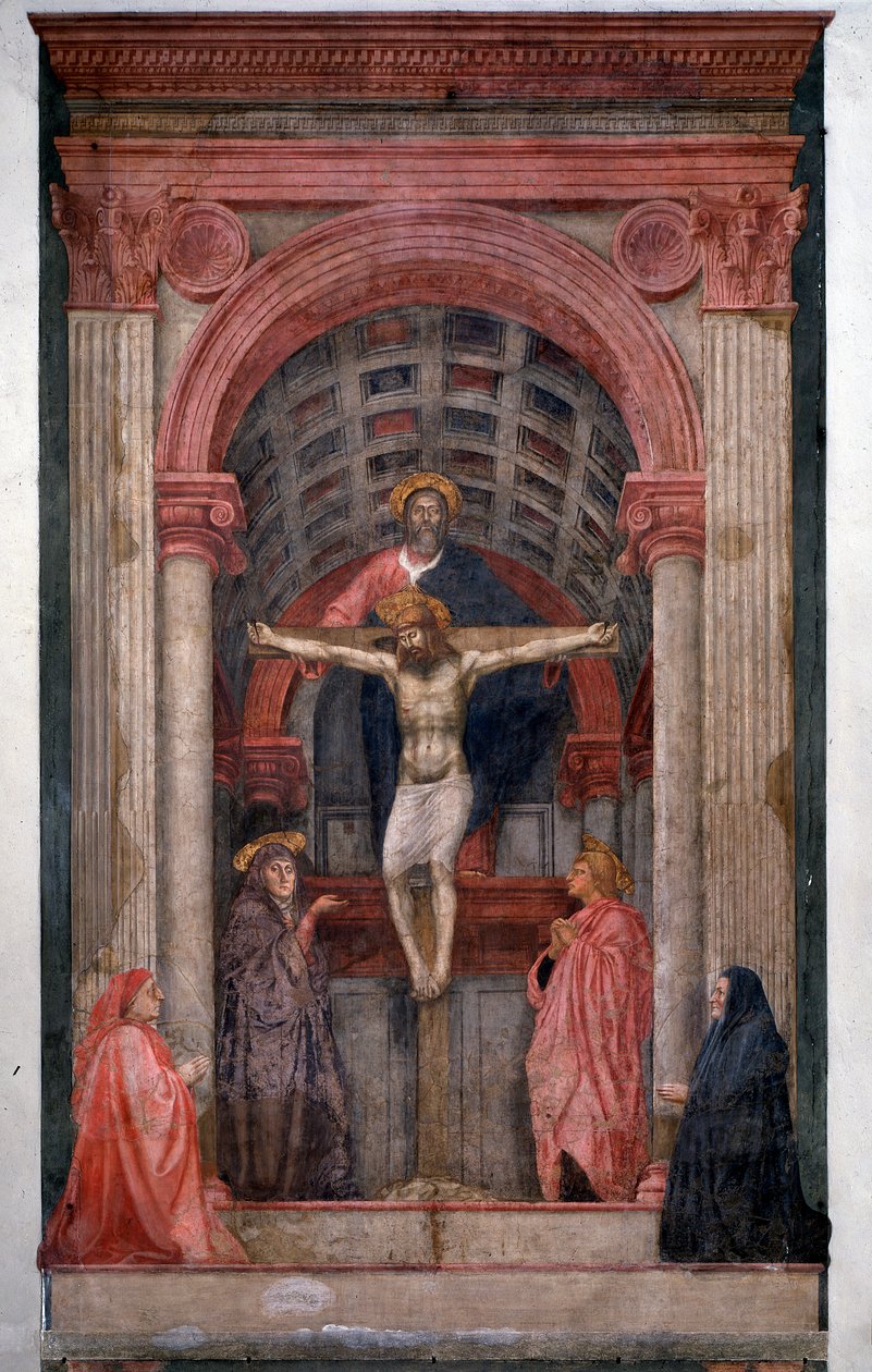 Nejsvětější Trojice, Ježíš Kristus ukřižuje, obklopuje svatého Jana a Pannu Marii dvěma donátory - Freskem od Tommaso Masaccio