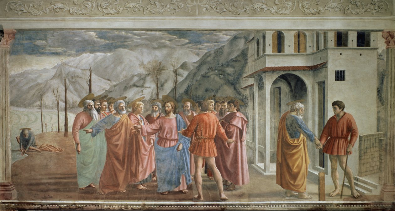 Pocta Peníze - Le paiement du tribut (Pocta) - Freska od Tommasa di ser Giovanni di Mone Cassai dit Masaccio (1401-1428), 254,5x598,3 cm od Tommaso Masaccio