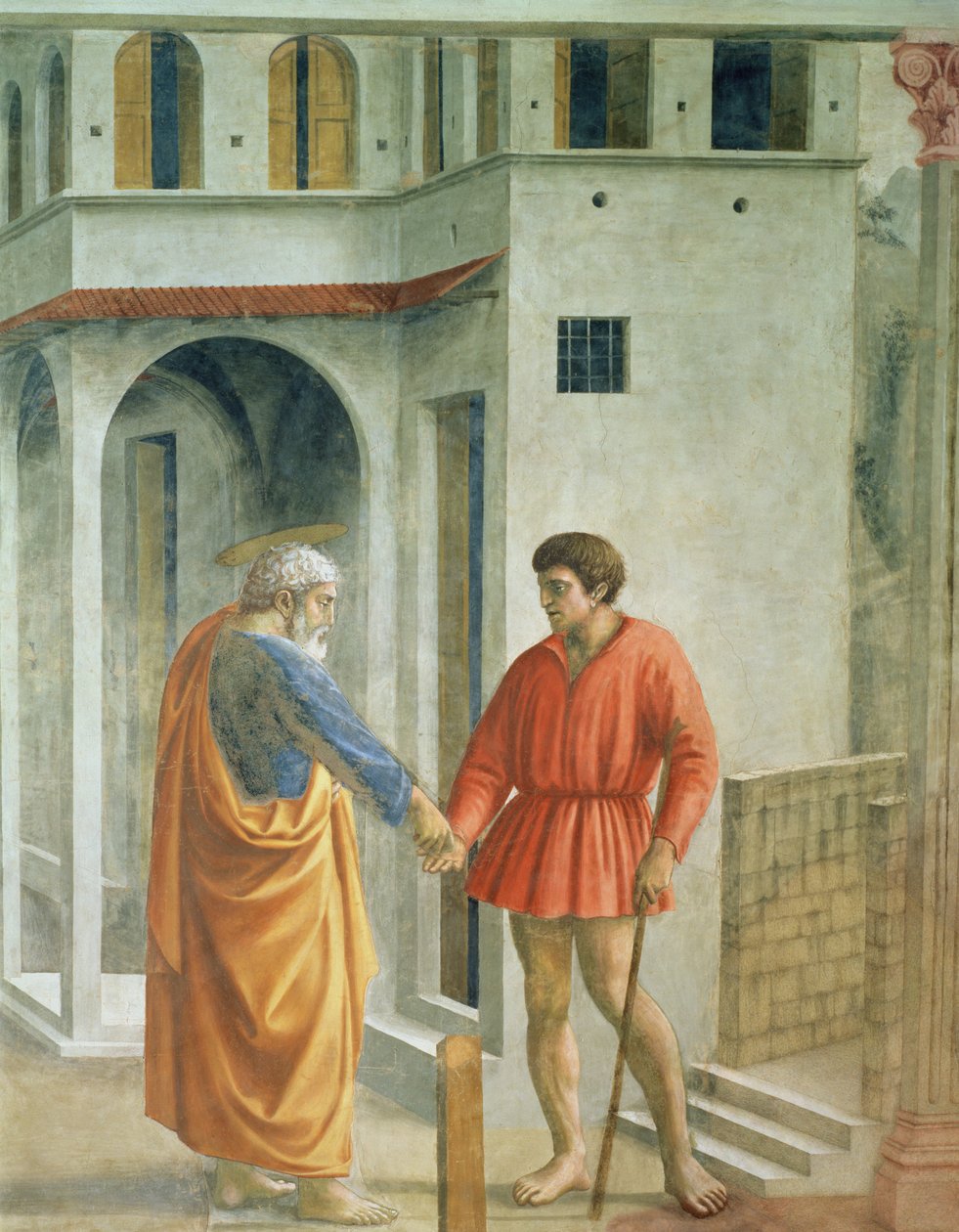 Dávka Peníze, které svatý Petr platí výběrčímu daní - detail fresky 31642, asi 1427 od Tommaso Masaccio
