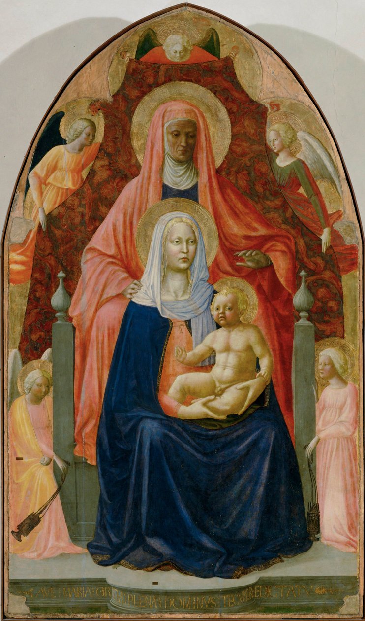 a Masolino: Anny, Panny Marie a Ježíška, pět andělů (tempera na dřevě). od Tommaso Masaccio