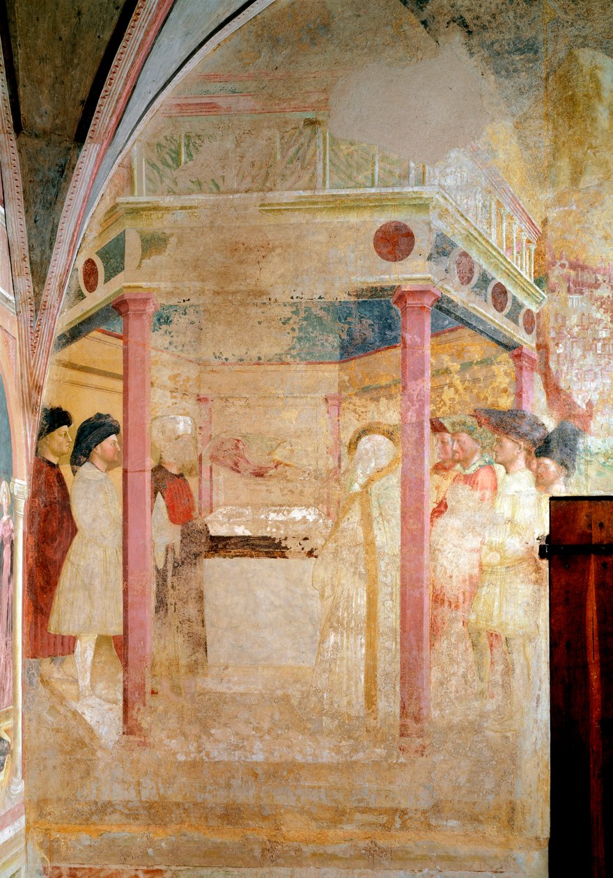Život svatého Jana Křtitele: Zvěstování svatému Zachariášovi - Freska od Tommaso Masolino da Panicale