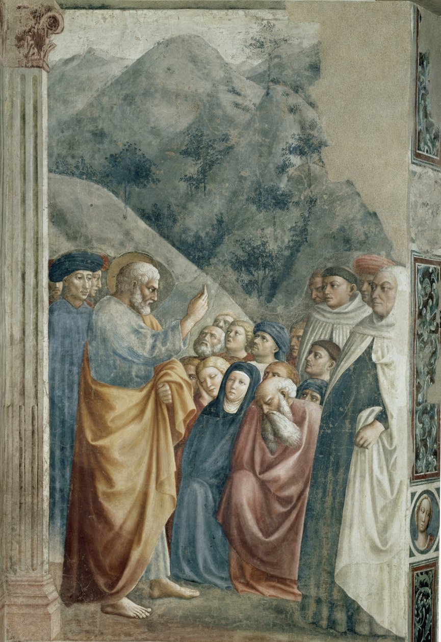 Predikace sv. Petra - Freska od Tommasa di Cristoforo Fini dit Masolino da Panicale (1383-kolem 1440), 255x162 cm, kolem 1425. Florencie, kostel Santa Maria del Carmine, kaple Brancacci od Tommaso Masolino da Panicale