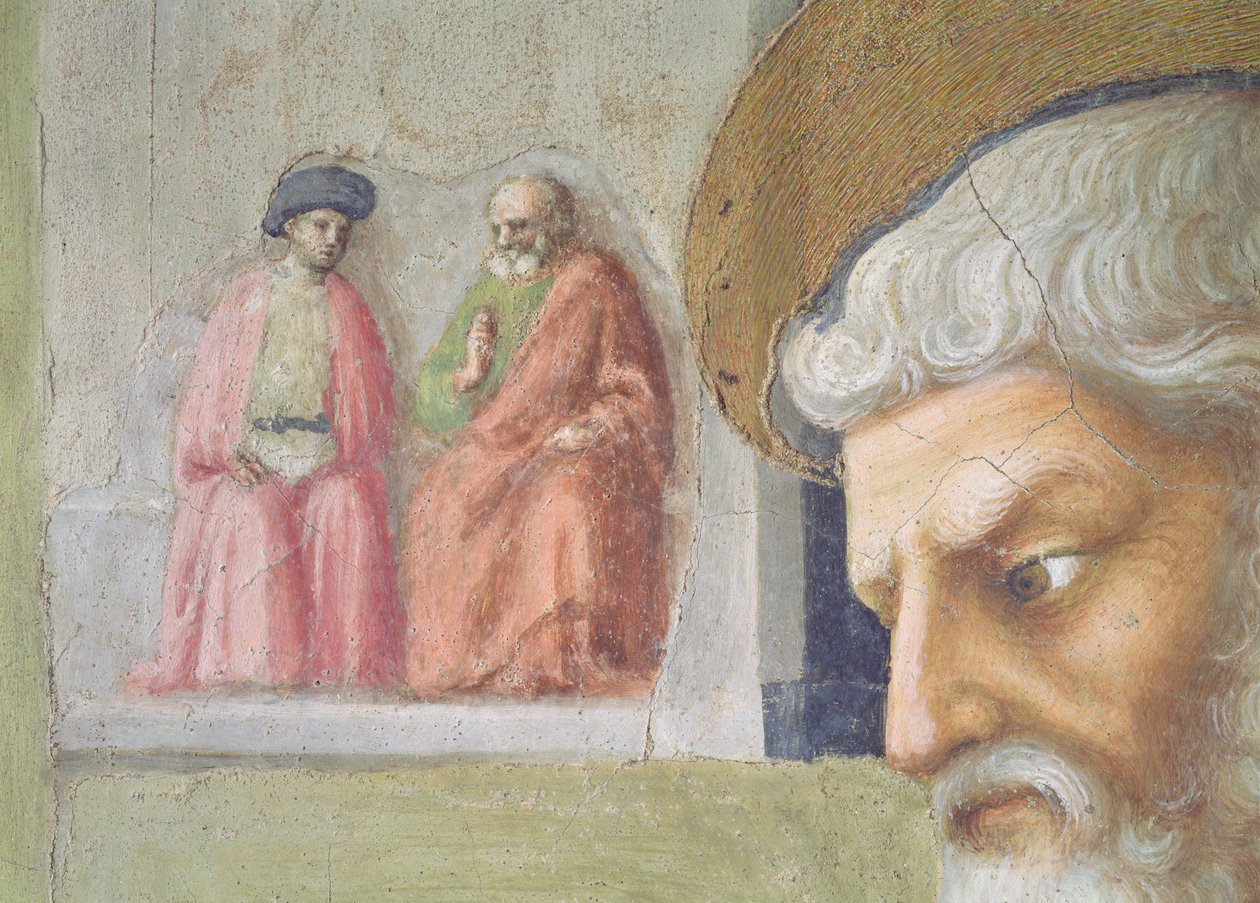 Svatý Petr Uzdravení mrzáka a vzkříšení Tabithy Detail hlavy sv. Petra se dvěma sedícími postavami v dálce, freska kolem roku 1427 viz také 57195 od Tommaso Masolino da Panicale