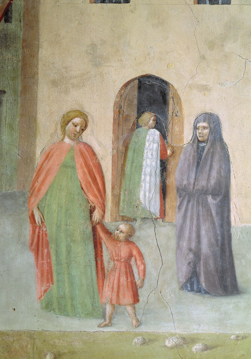 Svatý Petr Uzdravení mrzáka a vzkříšení Tabithy: detail vzdálených postav: jeptiška a matka a dítě, freska kolem roku 1427 od Tommaso Masolino da Panicale