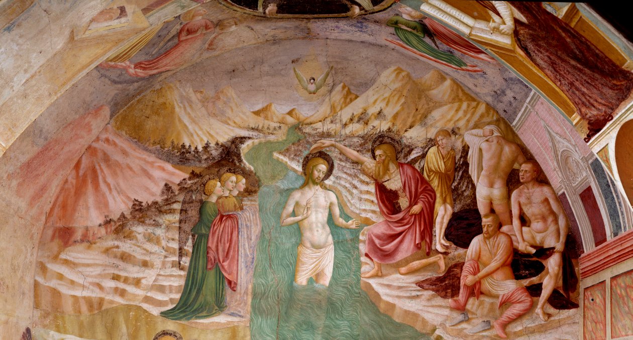 Život Jana Křtitele: křest Kristův - Freska od Tommaso Masolino da Panicale