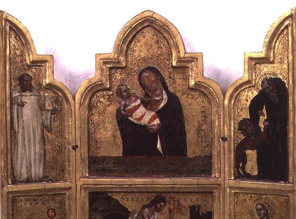 Madona s dítětem se svatým Benediktem a svatým Jeronýmem, horní polovina triptychu (viz také 78652) od Tommaso da Modena Barisino or Rabisino