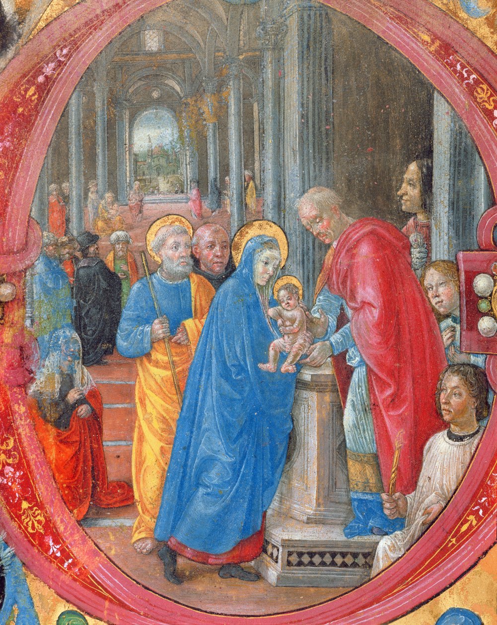 Corale B 26 c.113r Historická iniciála C zobrazující Prezentaci v chrámu, s portrétem Lorenza Nádherného 1449-92 u sloupu na pravé straně pergamenový detail z roku 179198 od Tommaso di Baldassare