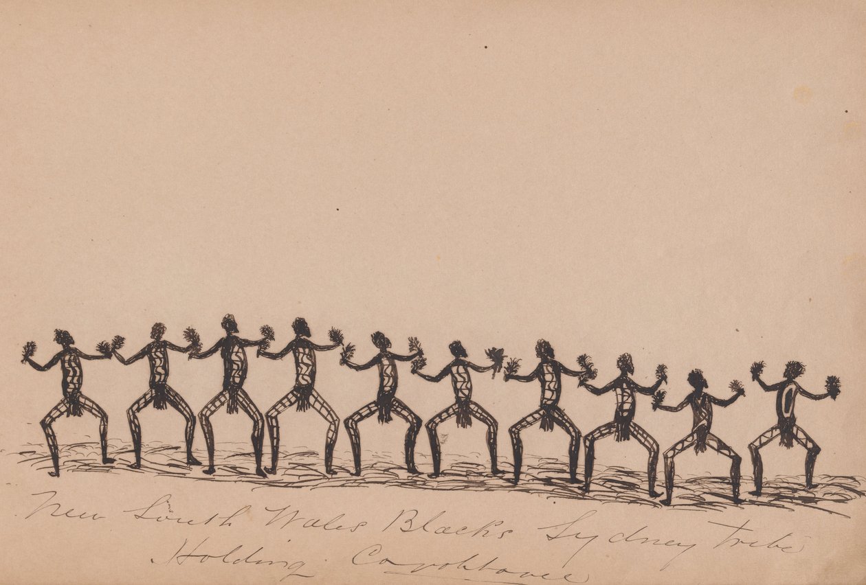 Lidé Kwatkwatu - New South Wales Blacks - kmen Sydney držící corroboree -Sketchbook domorodých aktivit od Tommy McRae