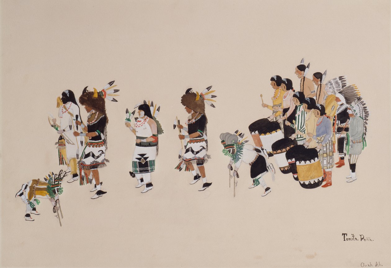 Buffalo Dance Chorus, cca 1930-39 (tempera na palubě) od Tonita Peña