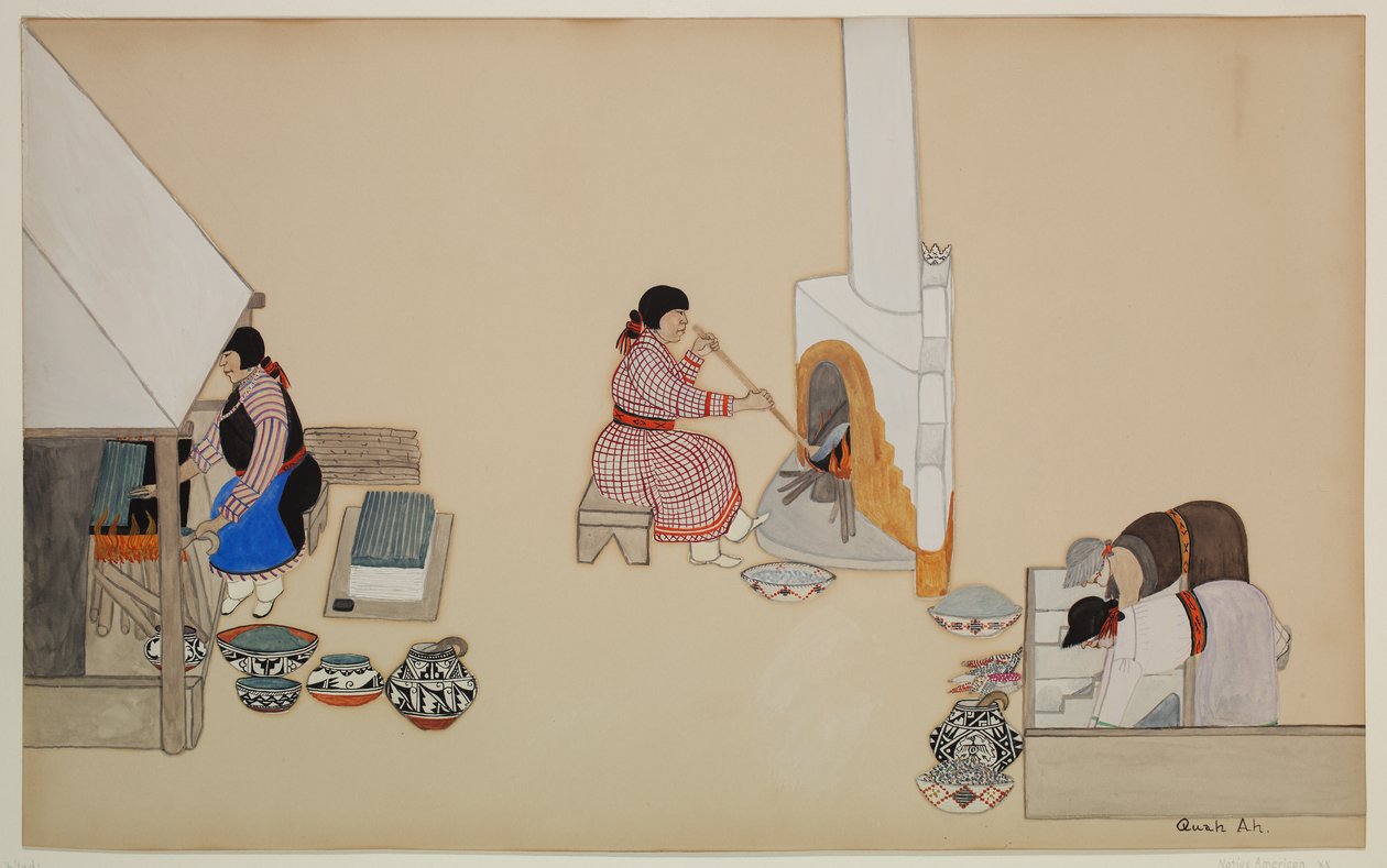 Women Weaving and Supervising Kiln, počátek 20. století (kasein na papíře) od Tonita Peña