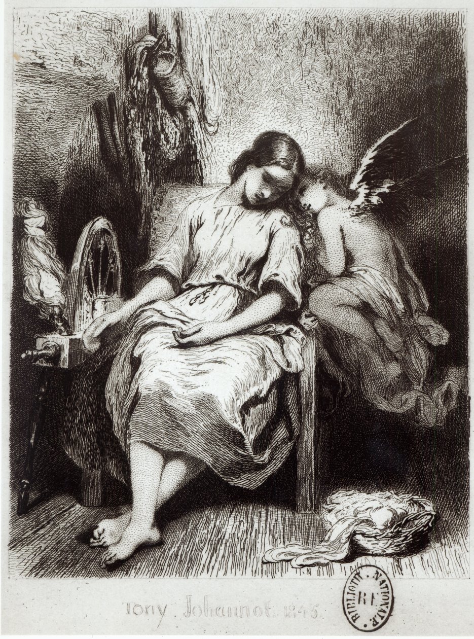 Mladá žena dřímající s andělem, ilustrace z „Contes Choisis“ od Charlese Nodiera (1780-1844) od Tony Johannot