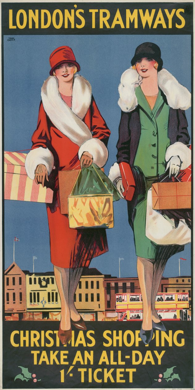 „Vánoční nákupy, vezměte si celodenní 1 lístek“, plakát LCC Tramways London County Council, 1926 od Tony Castle