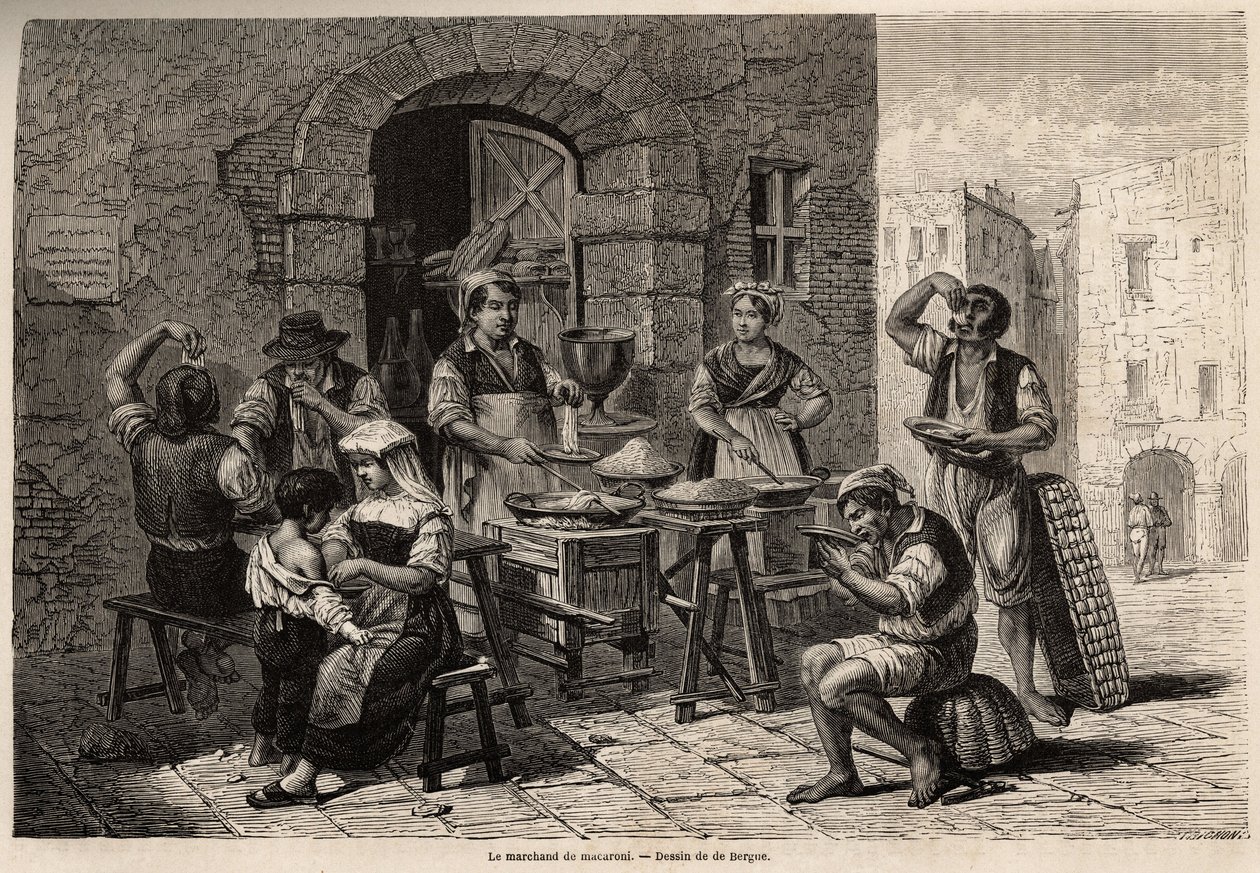 Obchodník s makarony, kresba od Bergua, pro ilustraci Neapole a Neapolců, v roce 1861, od Marca Monniera (1829-1885). Rytina v “”Le tour du monde”” 1861. Selva sbírka. od Tony Francois de Bergue