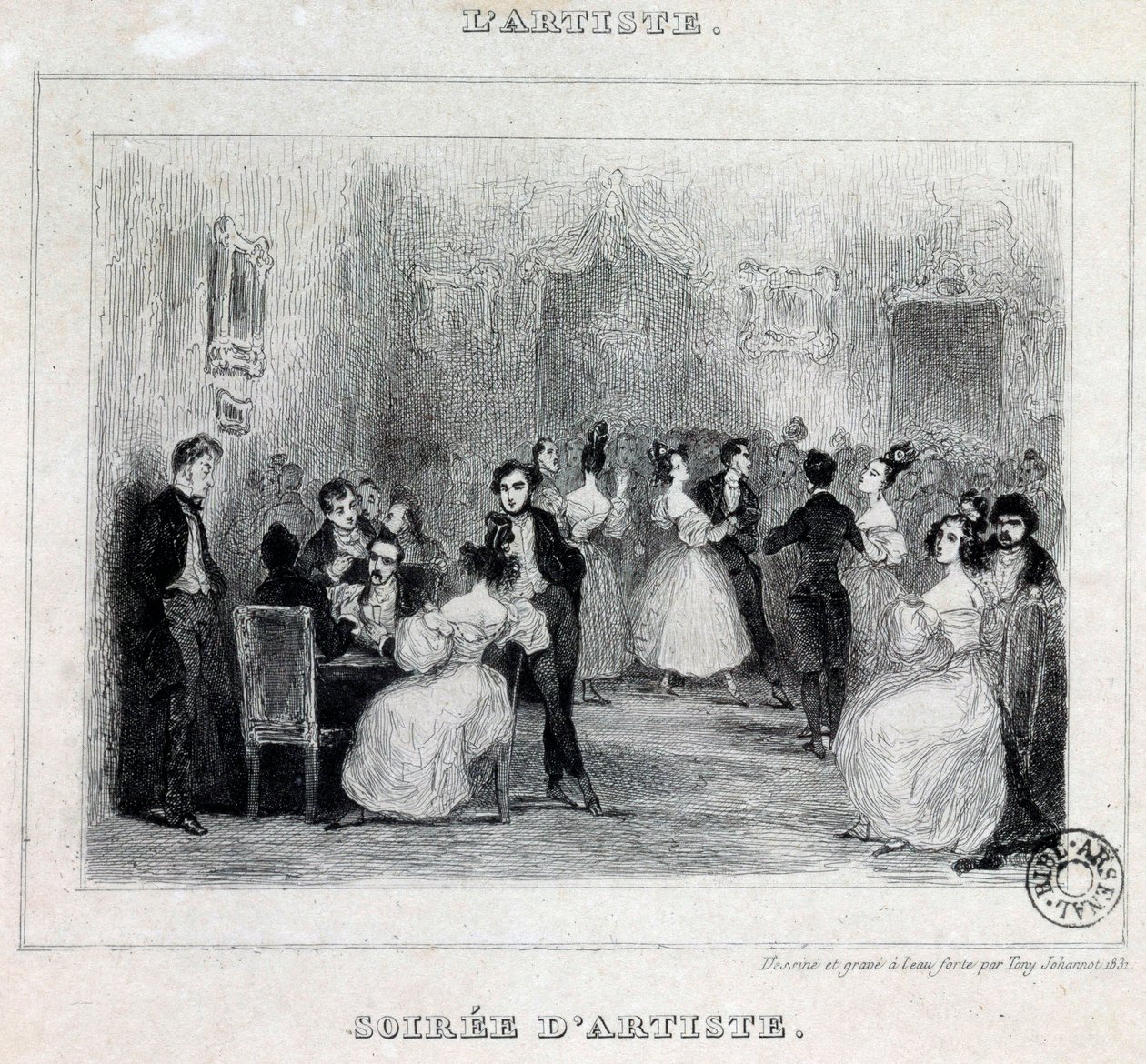 Umělecký večer: míčové a karetní hry během buržoazního večera Kresba Antoine Johannot dit Tony Johannot (1803-1852) 1831 Paříž, Bibliotheque de l