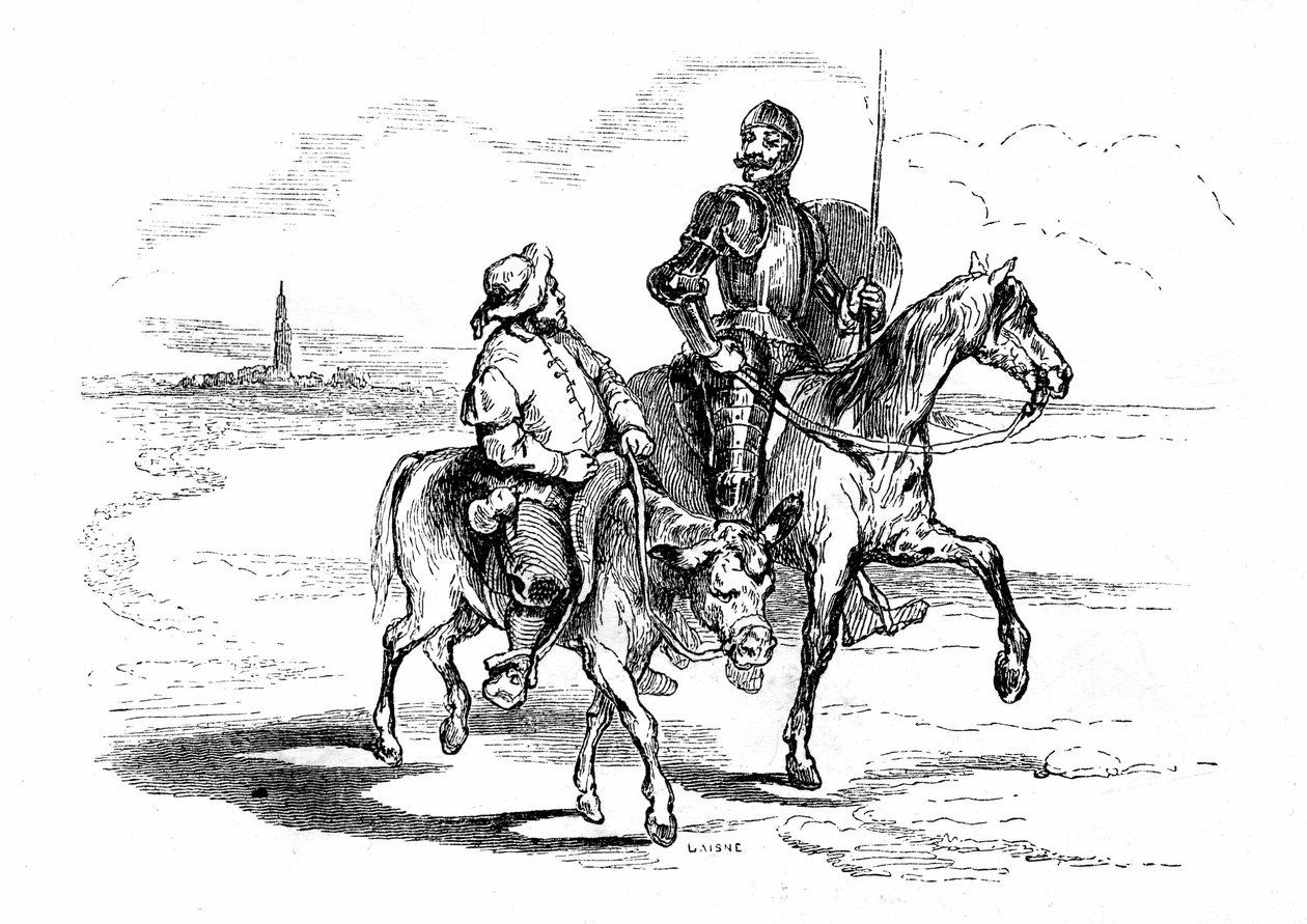 Don Quijote (Qijote, Quijote) jede na svém koni Rossinante a jeho fidele squiyer Sancho Panza (Panca) na oslu. Ilustrace Cervantesova románu vydaného ve Francii v roce 1845 nakladatelstvím Dubochet  Cie, překlad Louis Viardot, rytiny ony Johanno od Tony Johannot