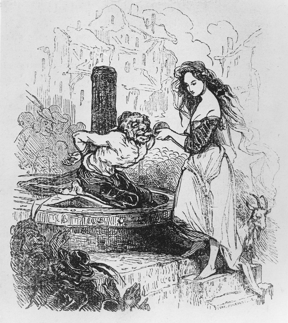 Esmeralda dává Quasimodovi drink, ilustrace z Hrbatého z Notre Dame od Victora Huga od Tony Johannot