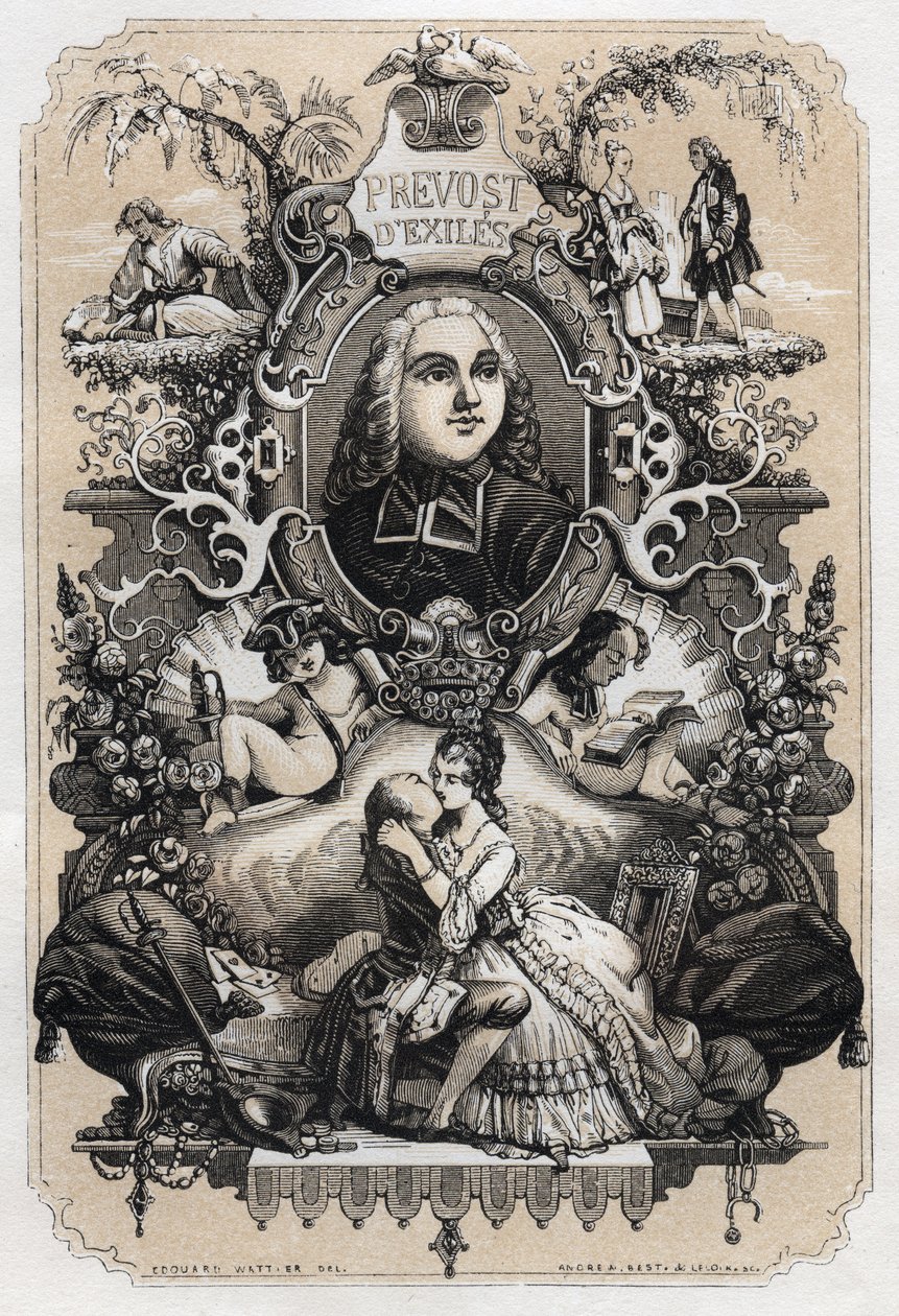 Frontispis „Histoire de Manon Lescaut et du Chevalier Des Grieux“ od Abbe Prevost (Antoine Francois Prevost) (1697-1763) - vydání z roku 1839 ilustrované Tonym Johannotem (1803-1852) od Tony Johannot