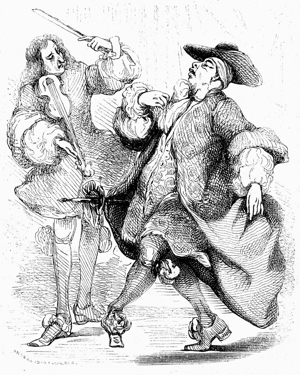 Moliere: Jourdain tančí pod vedením svého hudebního mistra. Rytina Tonyho Johannota ve vydání kompletního díla, Paulin 1836. od Tony Johannot
