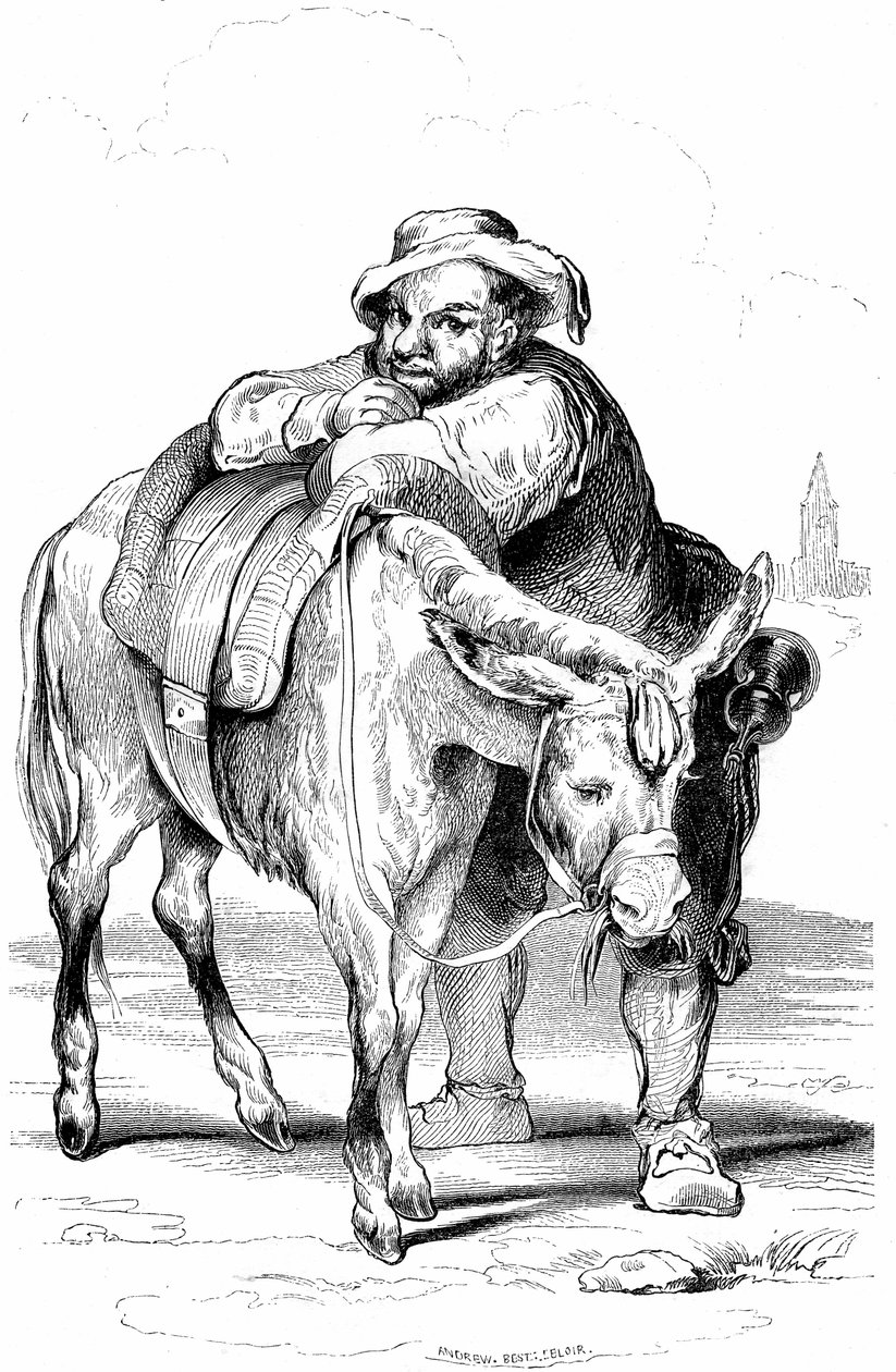 Sancho Panza (Panca), panoš Dona Quijota (Quijote, Quijote) a jeho osel. Ilustrace Cervantesova románu vydaného ve Francii roku 1845 nakladatelstvím Dubochet  Cie, překlad Louis Viardot, rytiny ony Johannot. od Tony Johannot