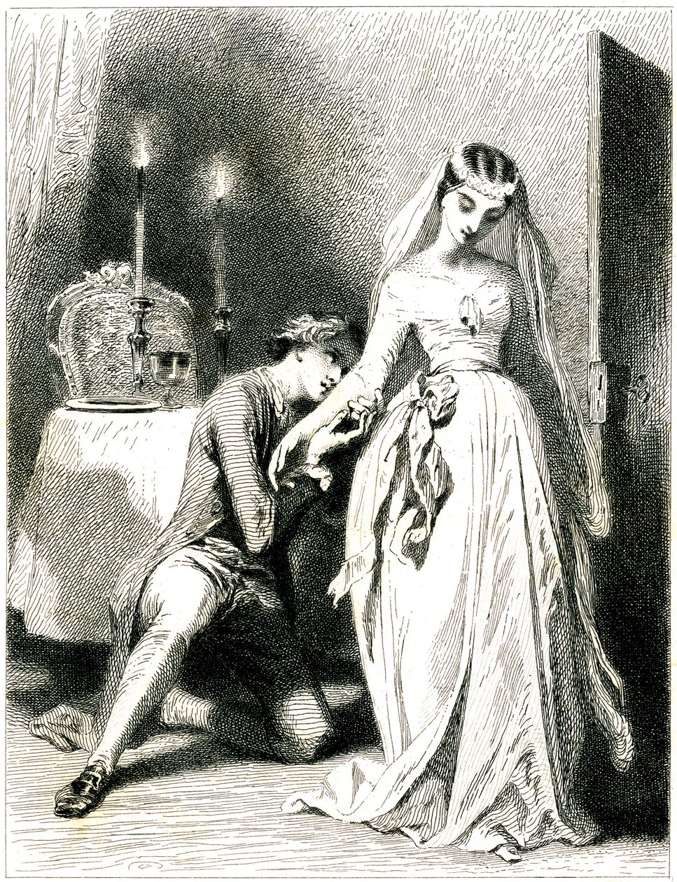 Vzdychající milenec klečící u nohou své krásné zasnoubenky v interiéru osvětleném svíčkami - dívka v romantických šatech a účesu - rytina (lept 1845) od Tony Johannot (Antoine Johannot dit od Tony Johannot