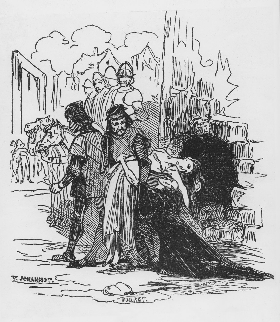 Vojáci odvlékají vězeňkyni, ilustrace k „Hrbáč z Notre Dame“ od Victora Huga (1802-85) (xylograf) od Tony Johannot