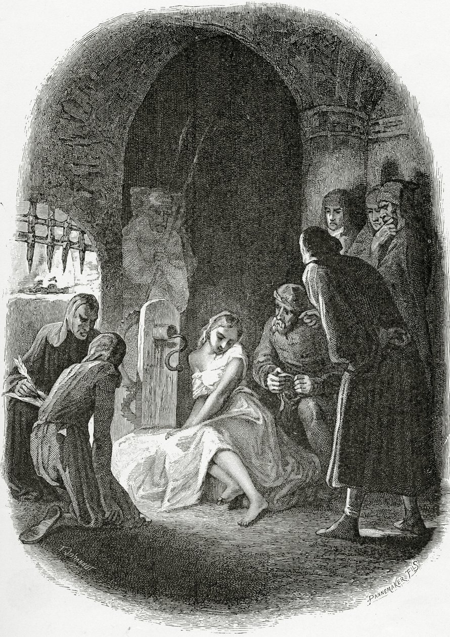 Výslech Esmeraldy - ilustrace z Notre Dame de Paris, 19. století (č. rytina) od Tony Johannot