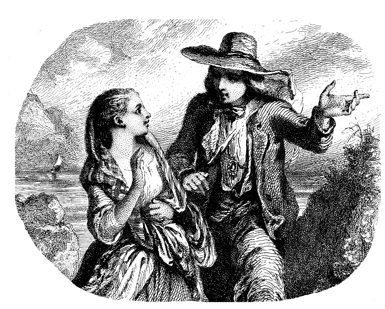 Dva milenci u vody (řeky - jezera - moře) s lodí (plachetnicí - plachetnicí) v dálce - lept (detail), Tony Johannot (Antoine Johannot řekl) od Tony Johannot