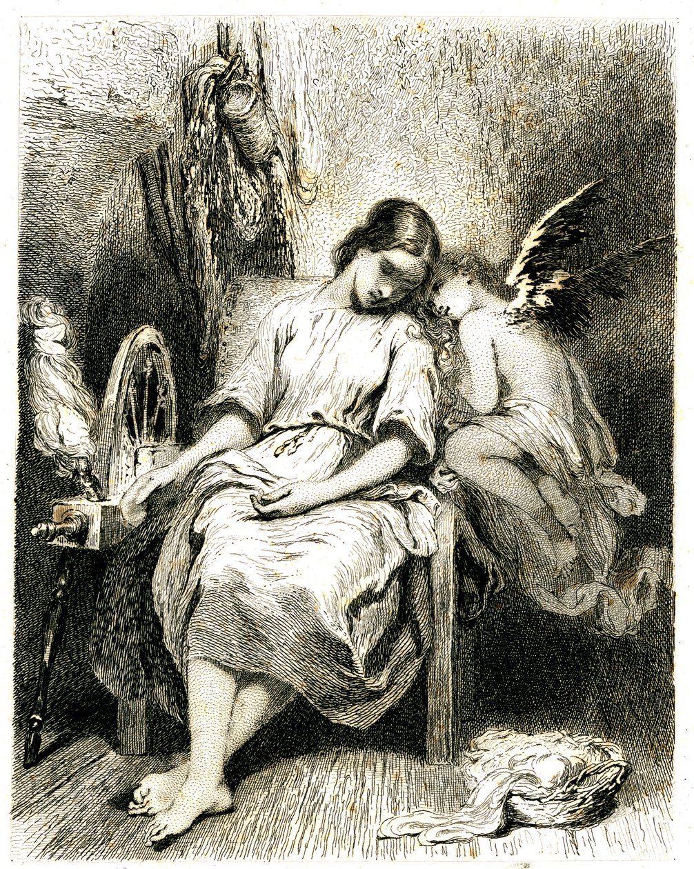 Mladá žena (přadlena) spí u kola - přes rameno se jí sklání anděl - spánek - sen - snění - láska - rytina (lept 1845), autor: Tony Johannot (Antoine Johannot dit od Tony Johannot