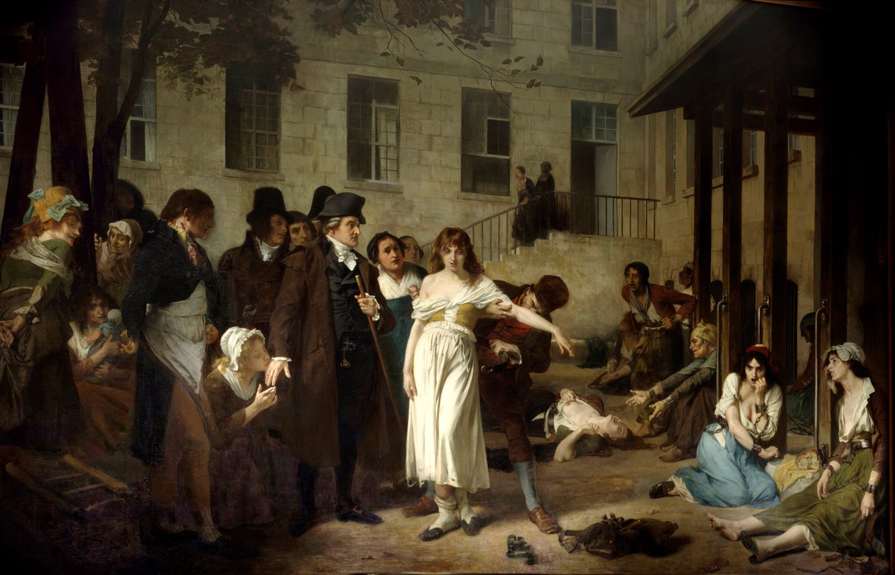 Doktor Philippe Pinel (1745-1826) osvobozující cizince z jejich řetězů v roce 1795 v nemocnici Salpetriere v Paříži, Malba Tonyho Roberta Fleuryho (1837-1912) Paříž 19. století, nemocnice Salpetriere od Tony Robert Fleury