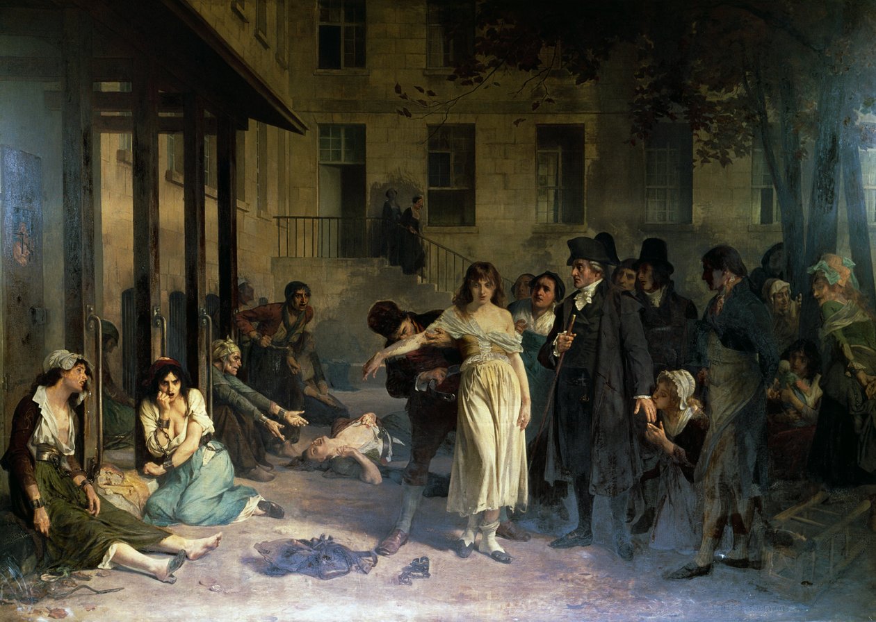 Psychiatr Philippe Pinel (1745-1826) osvobozuje šílence z jejich řetězů v pařížském ústavu Salpetriere v roce 1795, obraz Tonyho Roberta-Fleuryho (1837-1911) od Tony Robert Fleury