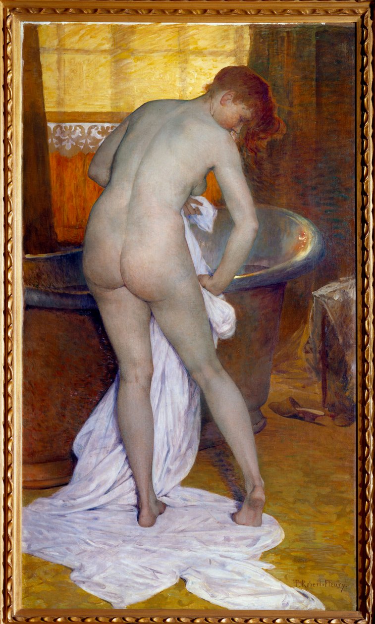 Koupel. Scéna v koupelně: Žena z vany utírá své nahé tělo ručníkem. Obraz Tony Robert Fleury (1837-1912) od Tony Robert Fleury