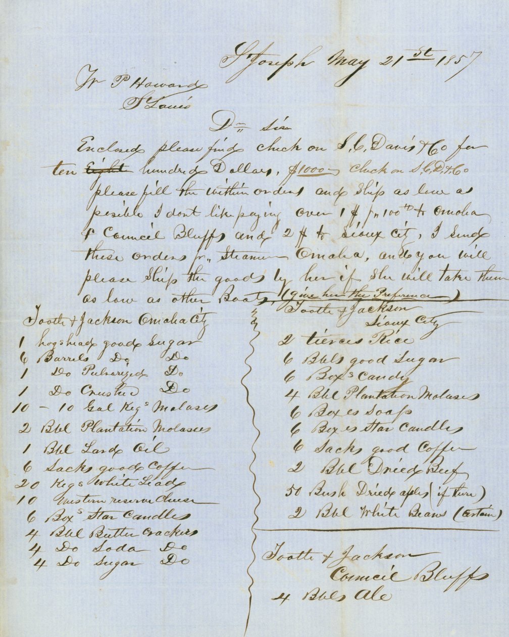 Dopis podepsaný Tootle & Jackson, Council Bluffs, W.P. Howard, St. Louis, 21. května 1857 od Tootle and Jackson