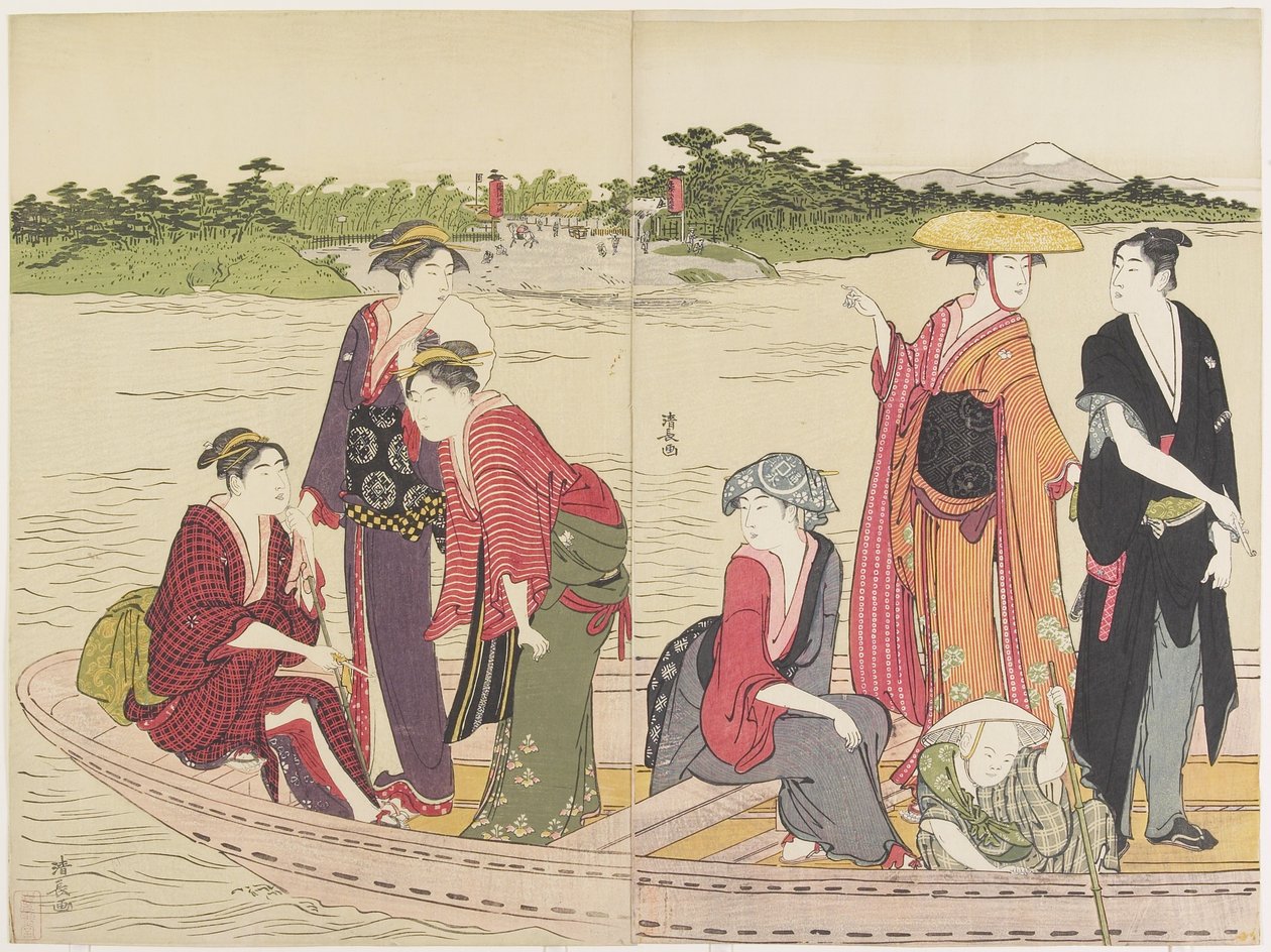 Trajekt na řece Rokugo, 1784 od Torii Kiyonaga