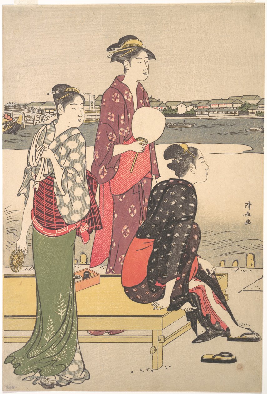 Ukiyo-e plnobarevný tisk tří krásek od Torii Kiyonagy od Torii Kiyonaga