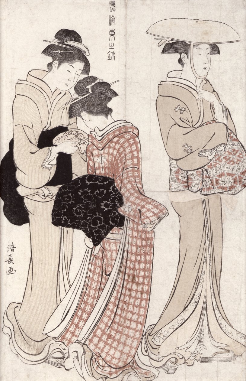 Mladá žena v širokém slaměném klobouku, za ní sluha a společník nesoucí „furoshiki“ ze série „Fuzoku Azuma no nishiki“ (Módní krásy Edo) 1783 (barevný dřevěný blok str. od Torii Kiyonaga