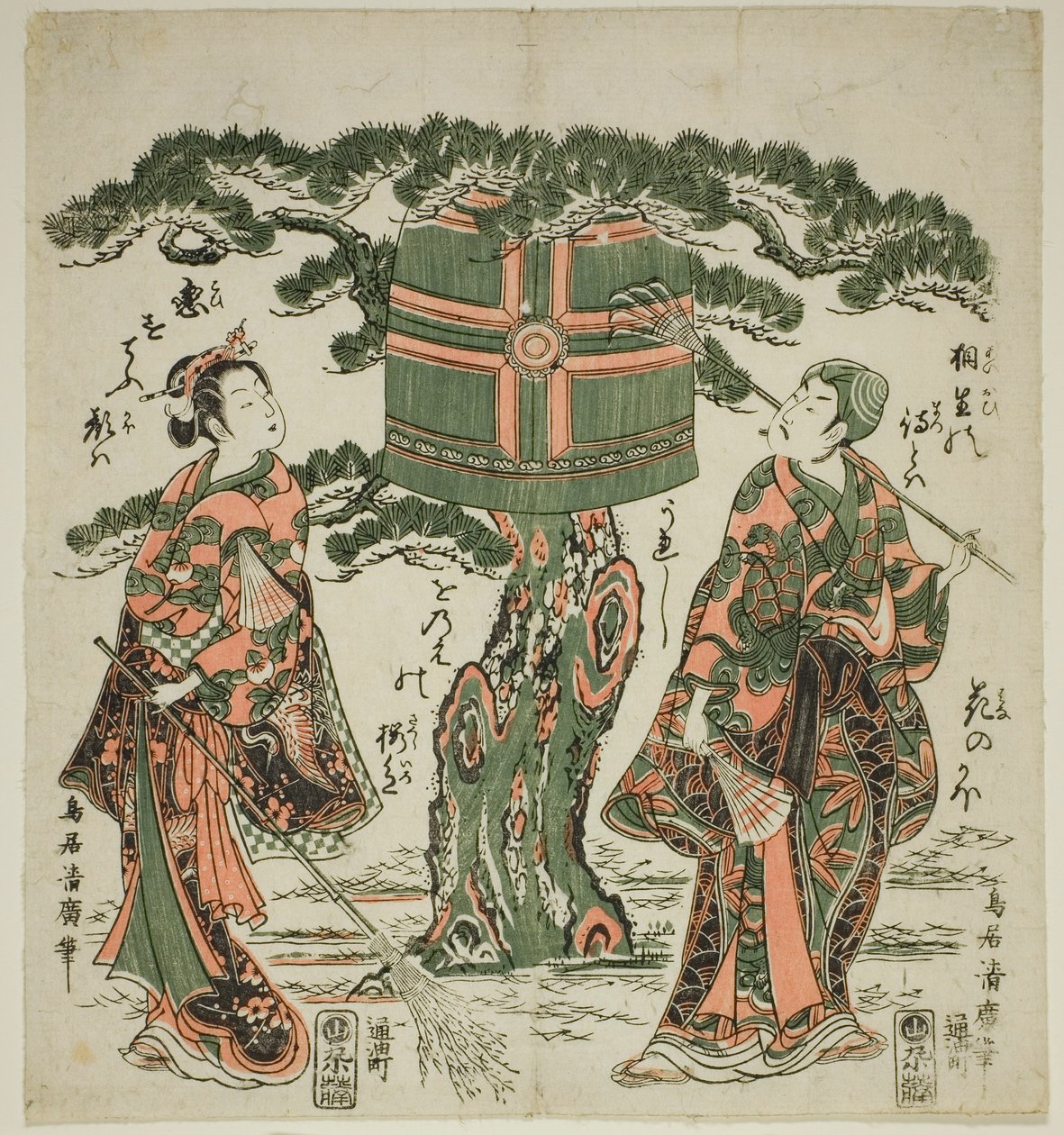 Herci Ichimura Kamezo I jako Jo a Ichimura Kichigoro jako Uba ve scéně z Takasago od Torii Kiyohiro