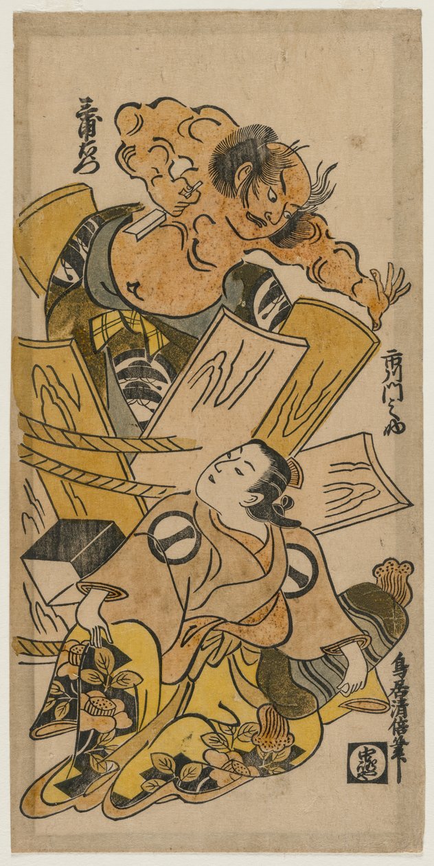 Ichikawa Monnosuke jako kurtizána a Nakajima Mioemon praskající ze sudu od Torii Kiyomasu