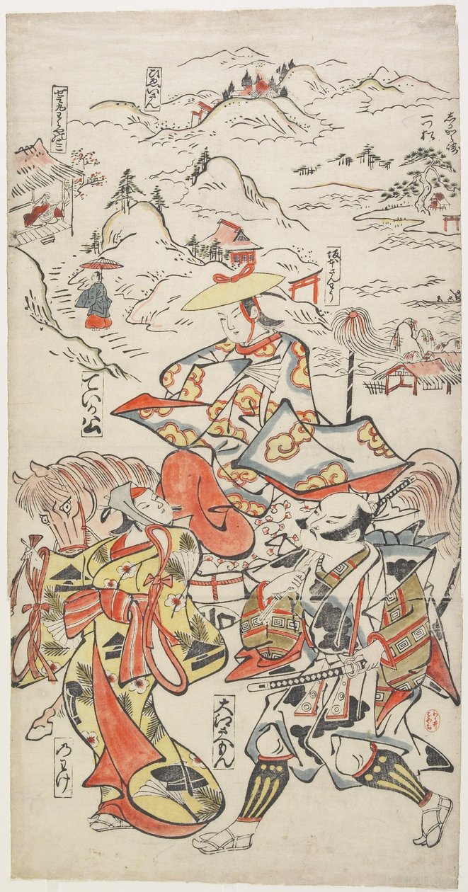 Fudžiwara no Teika na koni v doprovodu O_e Saemona a ženy Nowake, asi 1710 od Torii Kiyomasu II
