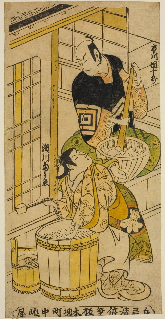 Herec Ichikawa Danjuro II jako Kenkaya Gorouemon a Segawa Kikunojo I jako Osen ve hře „Hatsugoyomi Akinai Soga“, která byla uvedena v divadle Nakamura v prvním měsíci roku 1732 od Torii Kiyomasu II
