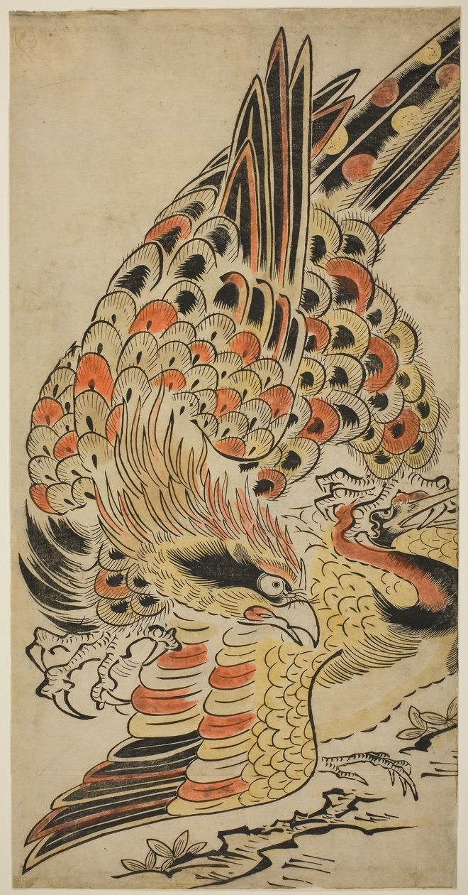 A Hawk Capturing a Crane in Flight, cca 1715 (ručně kolorovaný dřevotisk) od Torii Kiyomasu I