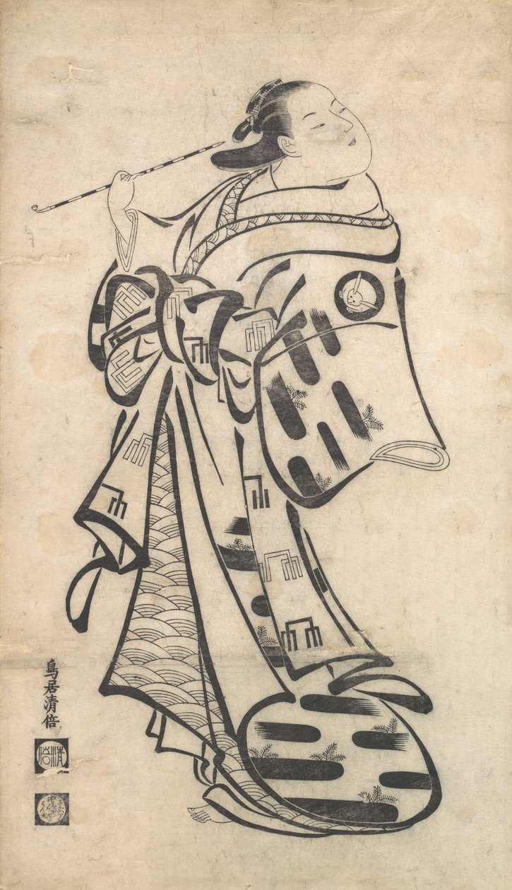 Oiran stojící, dýmka v pravé ruce a otáčí se, aby se podívala za sebe přes rameno..., ca. 1705. od Torii Kiyomasu I