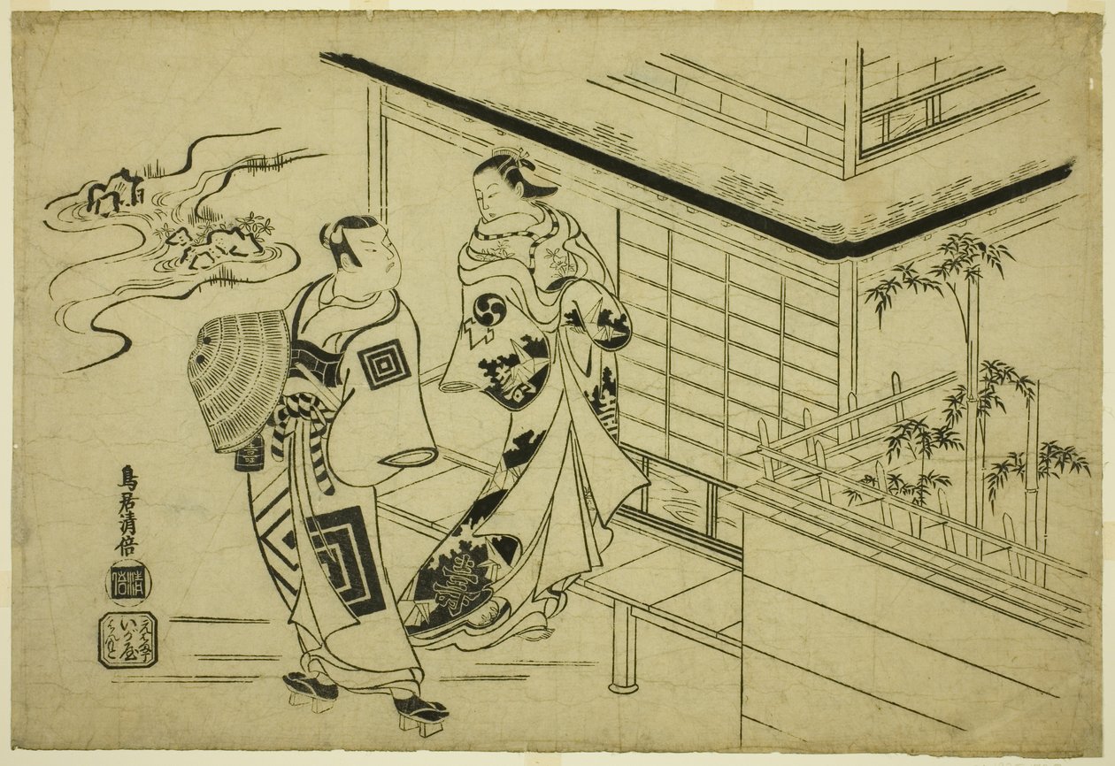 Herci Nakamura Takesaburo I jako Kewaizaka no Shosho a Ichikawa Danjuro II jako Soga no Goro ve hře „Bando Ichi Kotobuki Soga“, hráli v divadle Nakamura v prvním měsíci roku 1715 od Torii Kiyomasu I